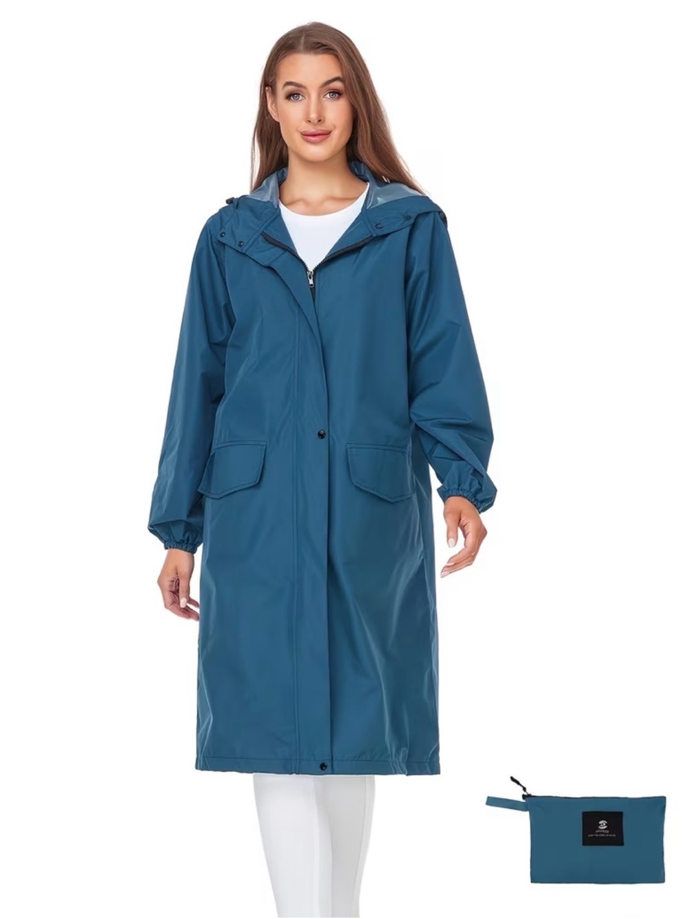 New Teal Long Outdoor Rain Hooded Raincoat Large